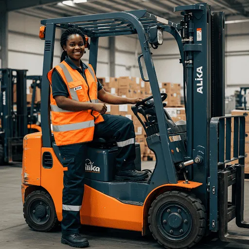 Instructor at Alika Training answers questions during a practical forklift truck training course in Benoni.