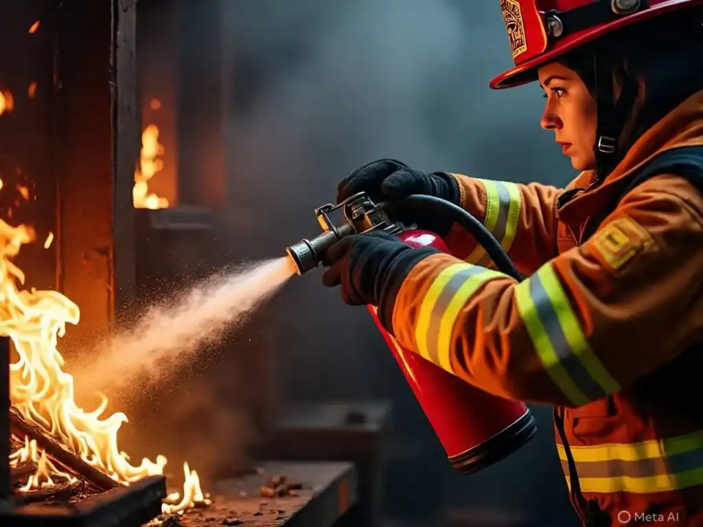 A participant in a Basic Firefighting Training Course learns how to use a fire extinguisher for stopping a controlled fire