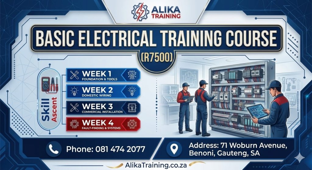 Students at Basic Electrical Training Course in Benoni practicing for their wiremans licence test.